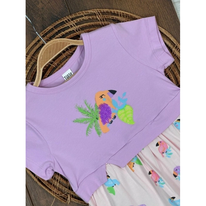 LİLA BİSİKLET YAKA KISA KOLLU LASTİKLİ BEL PAÇA KIZ ÇOCUK & BEBEK ELBISE