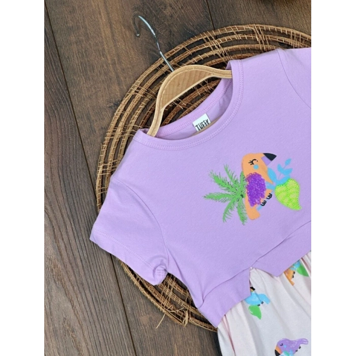 LİLA BİSİKLET YAKA KISA KOLLU LASTİKLİ BEL PAÇA KIZ ÇOCUK & BEBEK ELBISE