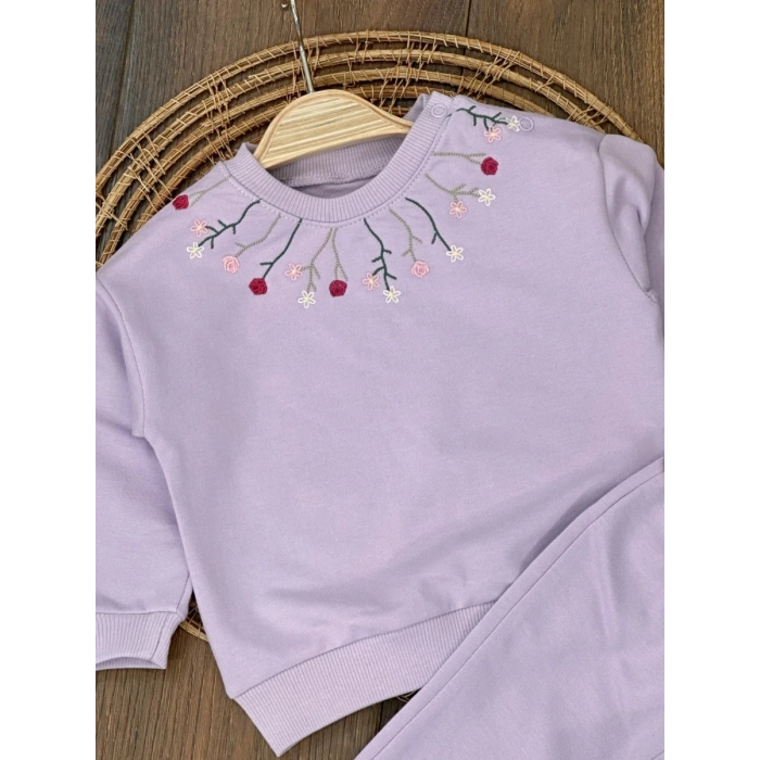 Lila Kız Bebek Pamuklu Nakışlı Çiçek İşlemeli Lastikli Paça 2 İplik Takım