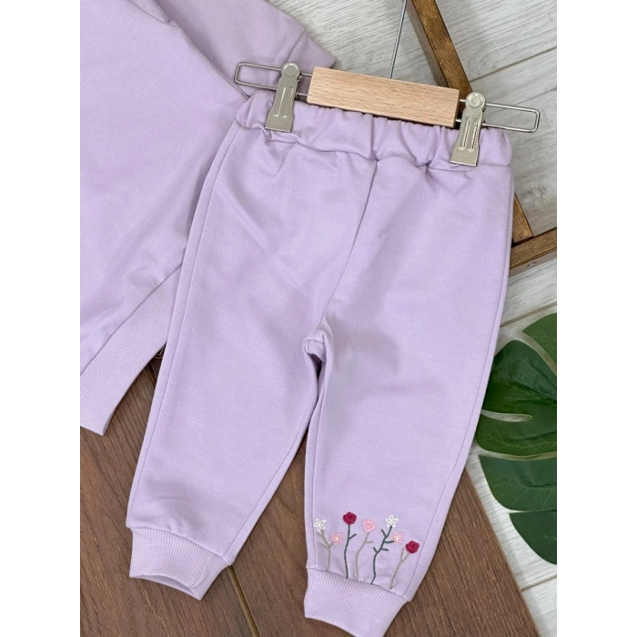 Lila Kız Bebek Pamuklu Nakışlı Çiçek İşlemeli Lastikli Paça 2 İplik Takım