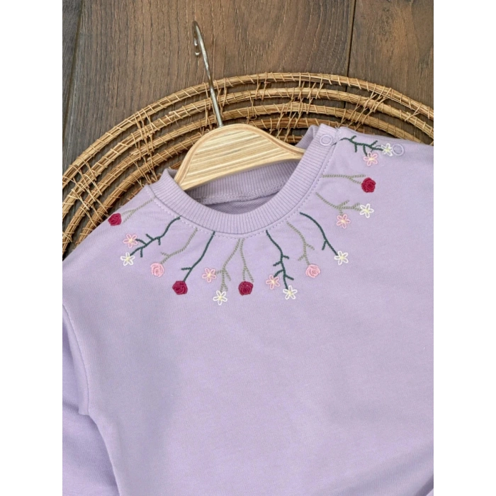 Lila Kız Bebek Pamuklu Nakışlı Çiçek İşlemeli Lastikli Paça 2 İplik Takım