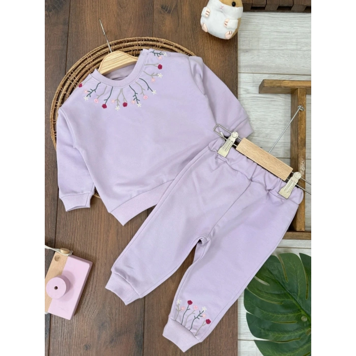 Lila Kız Bebek Pamuklu Nakışlı Çiçek İşlemeli Lastikli Paça 2 İplik Takım