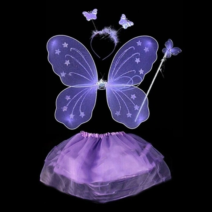 Lila Mor Kelebek Kostümü - Lila Mor Kelebek Kostüm Aksesuar Seti 4 Parça (4887)
