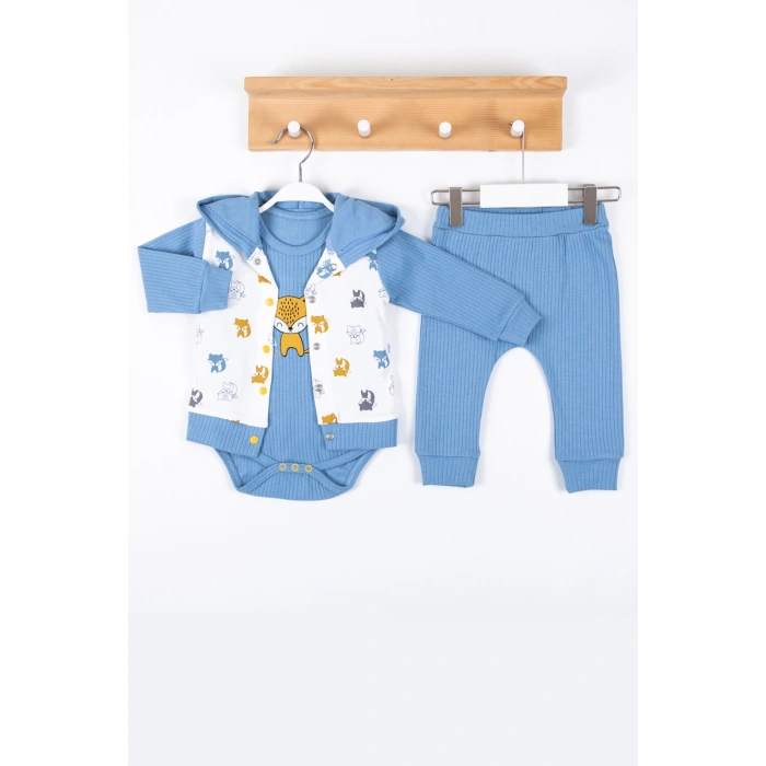 Littie Nakışlı % 100 Pamuk Hırkalı 3lü Erkek Takım