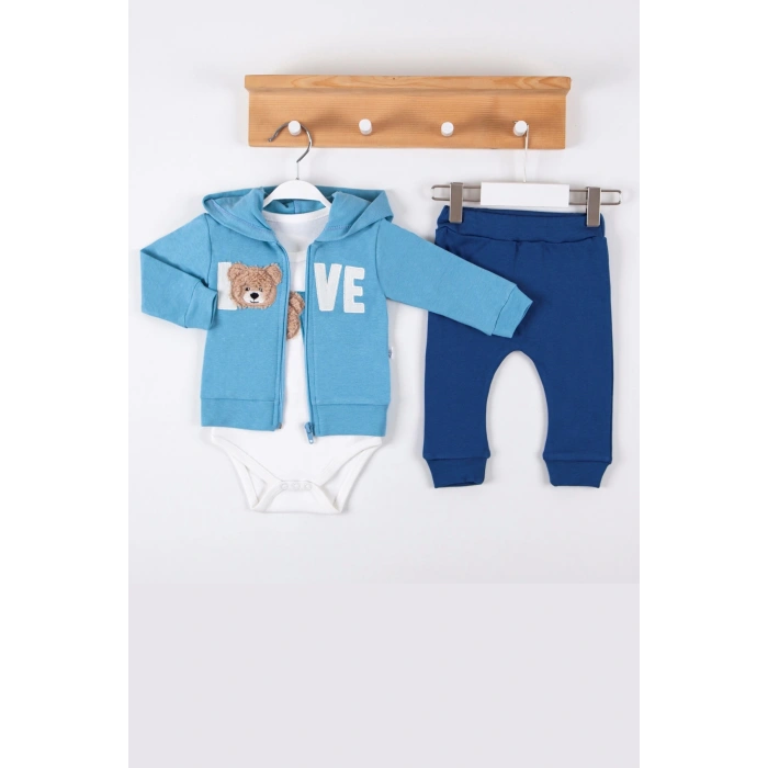 Love Bear Nakışlı % 100 Pamuk Hırkalı 3lü Erkek Takım