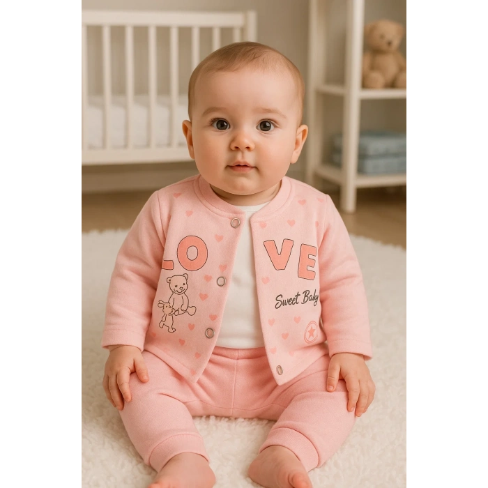 Love Tavşan Desenli Kol Detaylı 3lü Hırkalı Kız Bebek Takım