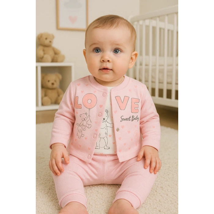 Love Tavşan Desenli Kol Detaylı 3lü Hırkalı Kız Bebek Takım