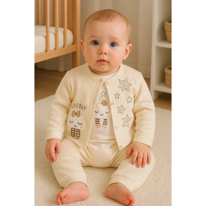 Lovely Yıldız Desenli 3lü Hırkalı Kız Bebek Takım