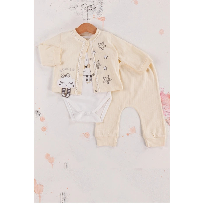 Lovely Yıldız Desenli 3lü Hırkalı Kız Bebek Takım