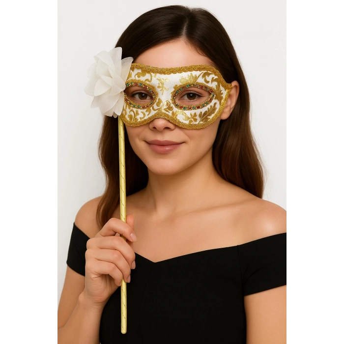 Lüks Taşlı Saplı Maskeli Balo Maskesi Beyaz Renk 35 cm (4887)