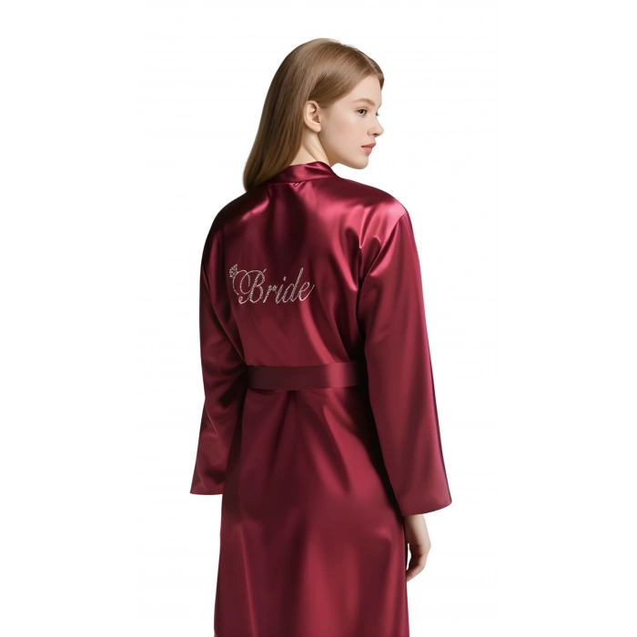 Luna Lora Bordo Saten Bride Sabahlık Zarif Kadın Ev Giyim
