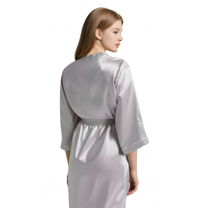 Luna Lora Gri Saten Bride Sabahlık Zarif Kadın Ev Giyim