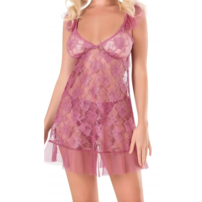 Luna Lora Gül Kurusu Tül Mini Fantezi Kadın Gecelik