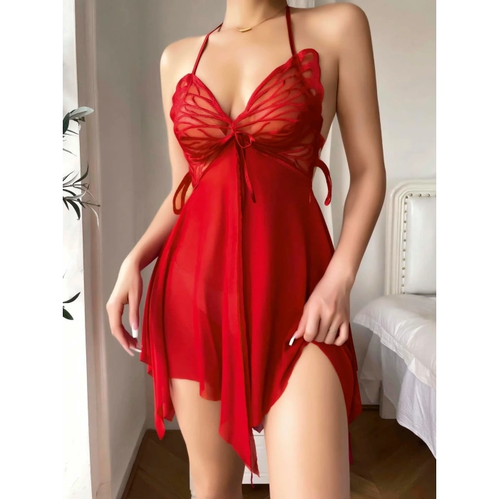 Luna Lora Kırmızı Butterfly Lace Kelebek İşlemeli Tül Fantezi Gecelik