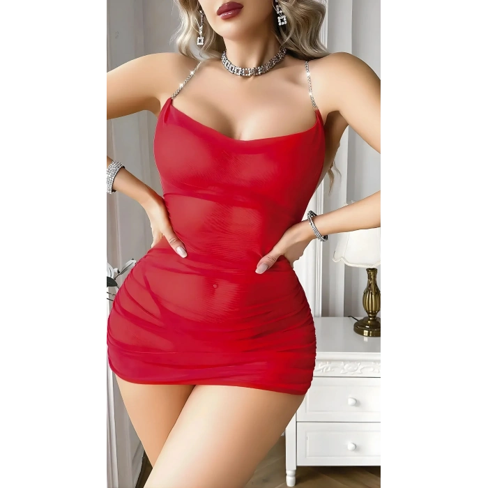 Luna Lora Kırmızı Sırt Zincir Detaylı Tül Gecelik Fantezi Şık Kadın Gecelik