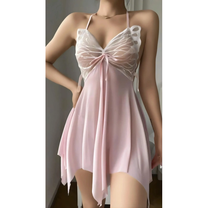 Luna Lora Pembe Butterfly Lace Kelebek İşlemeli Tül Fantezi Gecelik