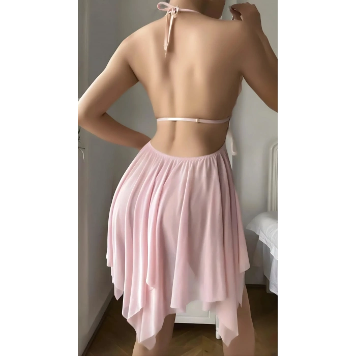 Luna Lora Pembe Butterfly Lace Kelebek İşlemeli Tül Fantezi Gecelik