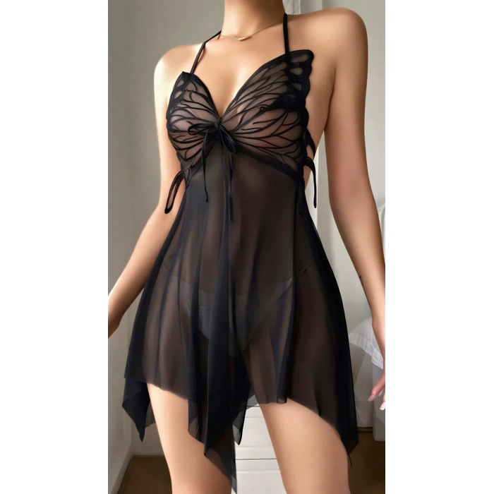 Luna Lora Siyah Butterfly Lace Kelebek İşlemeli Tül Fantezi Gecelik