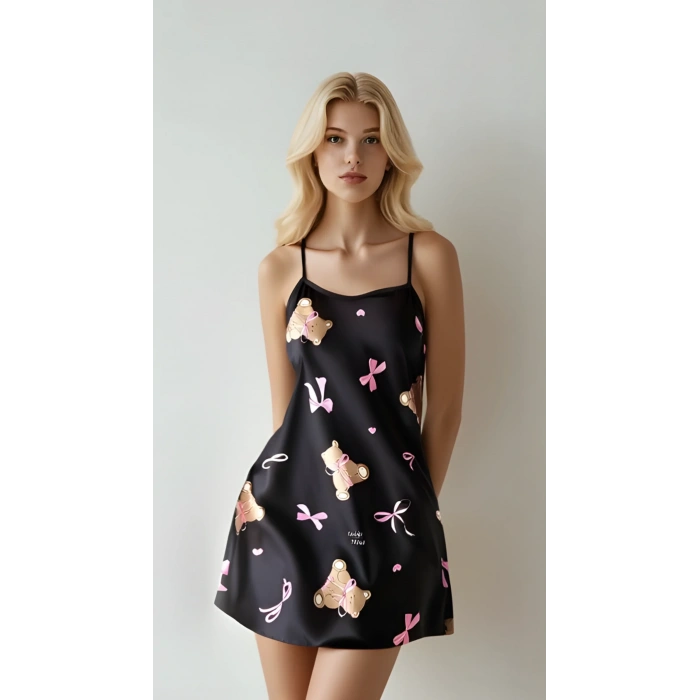 Luna Lora Teddy Satin Siyah İnce Askılı Ayıcık Desenli Saten Mini Gecelik