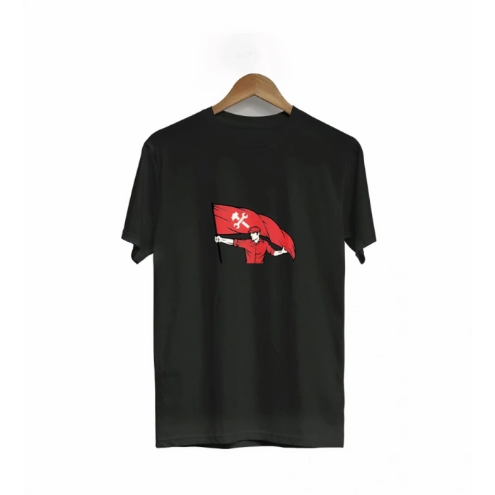 MARSiLYAN- 1 Mayıs Emekçilerimiz İçin Özel Tasarım Bayraklı Emekçi Baskılı T-shirt - Siyah
