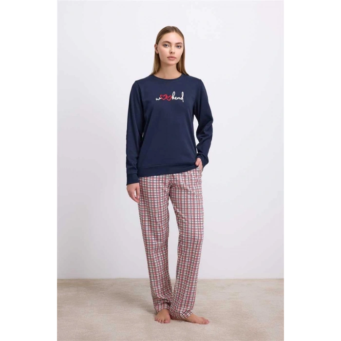 MARSiLYAN- %100 Pamuklu Uzun Kol Sweatshirt Ve Ekose Pantolon Pijama Takımı