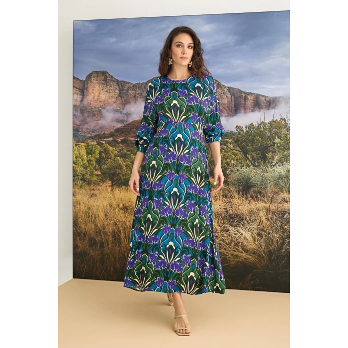 MARSiLYAN-  %100 Viskon Çiçek Desenli Truvakar Kollu Saten Elbise