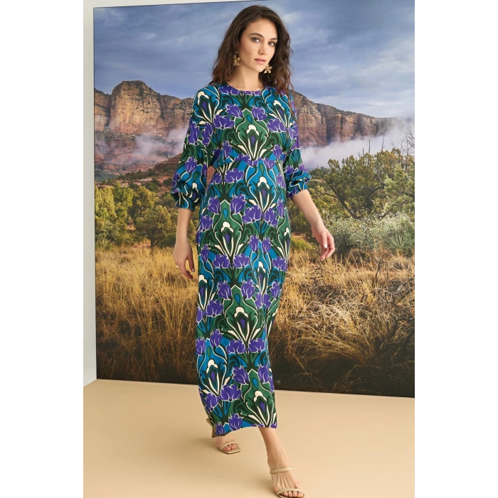 MARSiLYAN-  %100 Viskon Çiçek Desenli Truvakar Kollu Saten Elbise