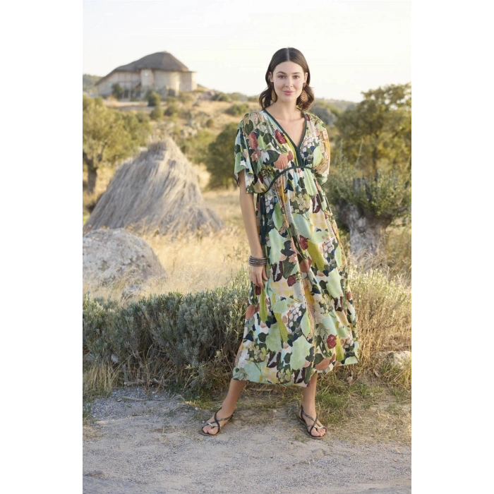 MARSiLYAN-  %100 Viskon Çiçek ve Yaprak Desenli Kısa Kollu Elbise