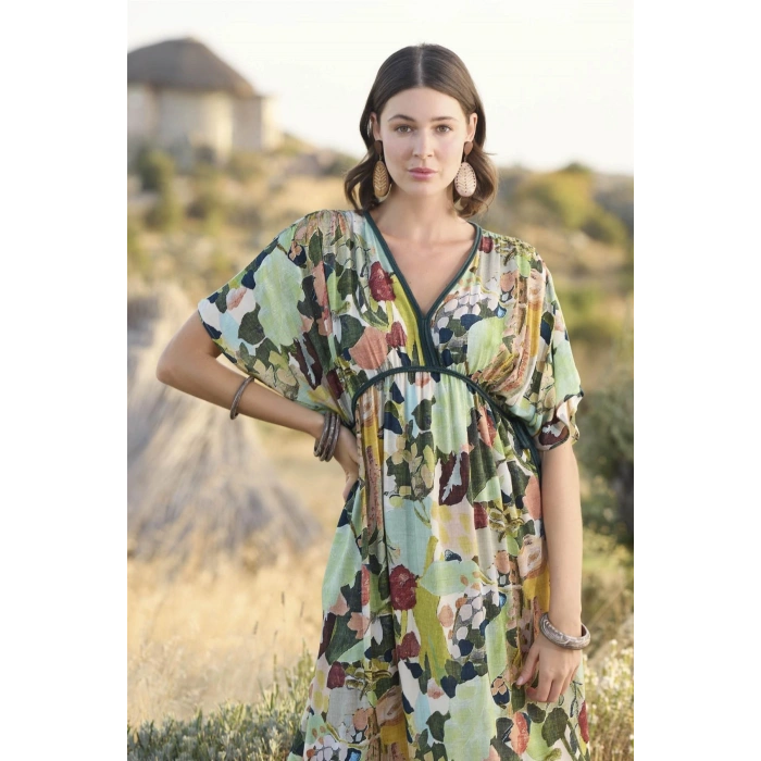 MARSiLYAN-  %100 Viskon Çiçek ve Yaprak Desenli Kısa Kollu Elbise