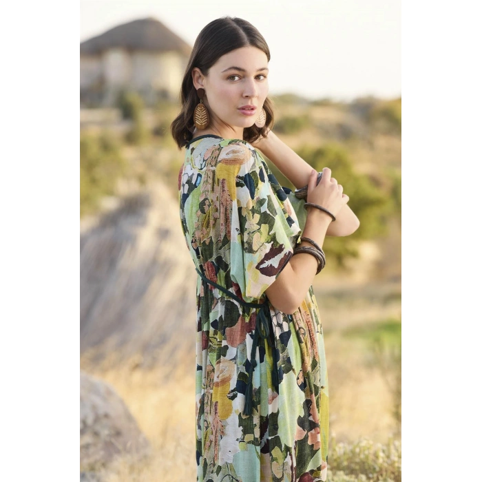 MARSiLYAN-  %100 Viskon Çiçek ve Yaprak Desenli Kısa Kollu Elbise