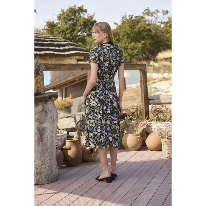 MARSiLYAN-  %100 Viskon Çiçek ve Yaprak Desenli Önü Düğmeli Elbise