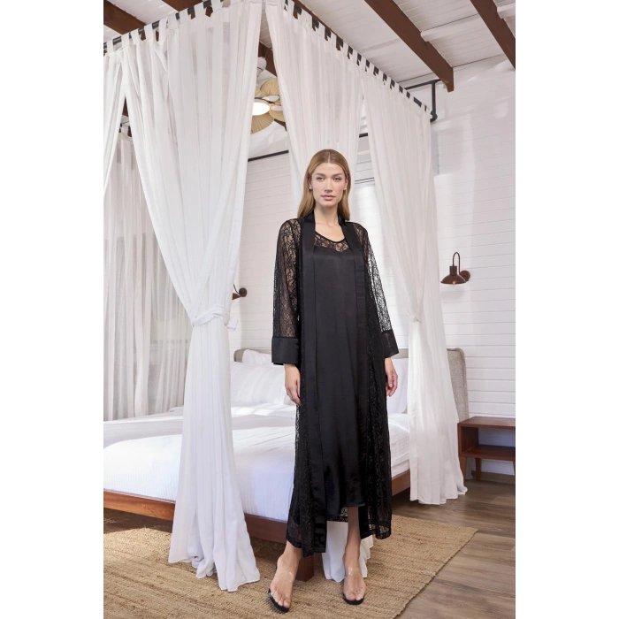 MARSiLYAN-  %100 Viskon Dantelli ve Dekolteli Saten Sabahlık Takımı