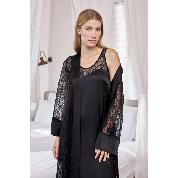 MARSiLYAN-  %100 Viskon Dantelli ve Dekolteli Saten Sabahlık Takımı