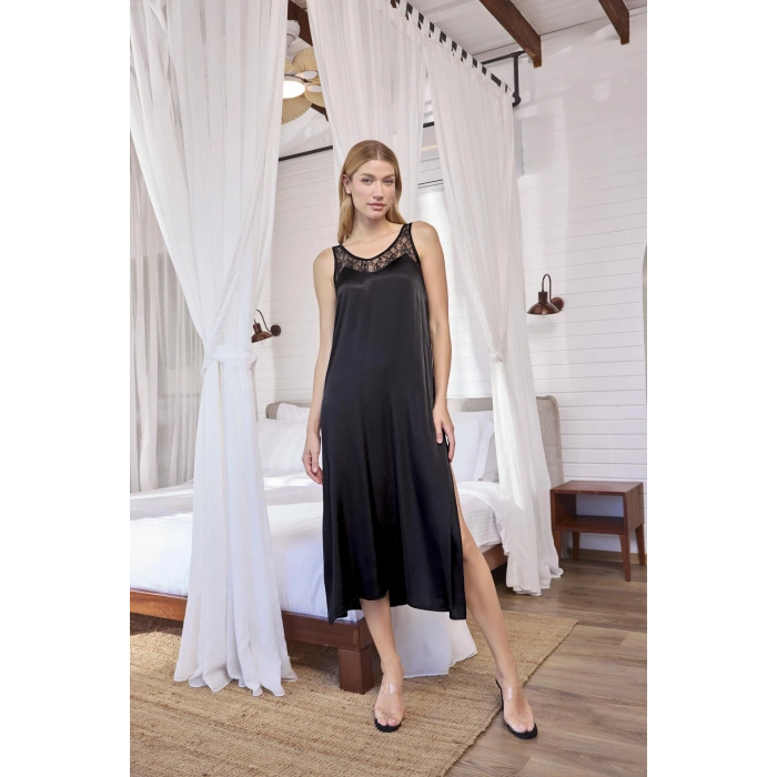 MARSiLYAN-  %100 Viskon Dantelli ve Dekolteli Saten Sabahlık Takımı