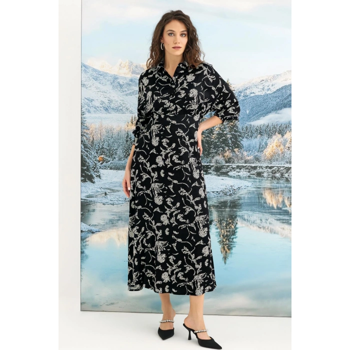 MARSiLYAN-  %100 Viskon Desenli Truvakar Kollu Saten Elbise