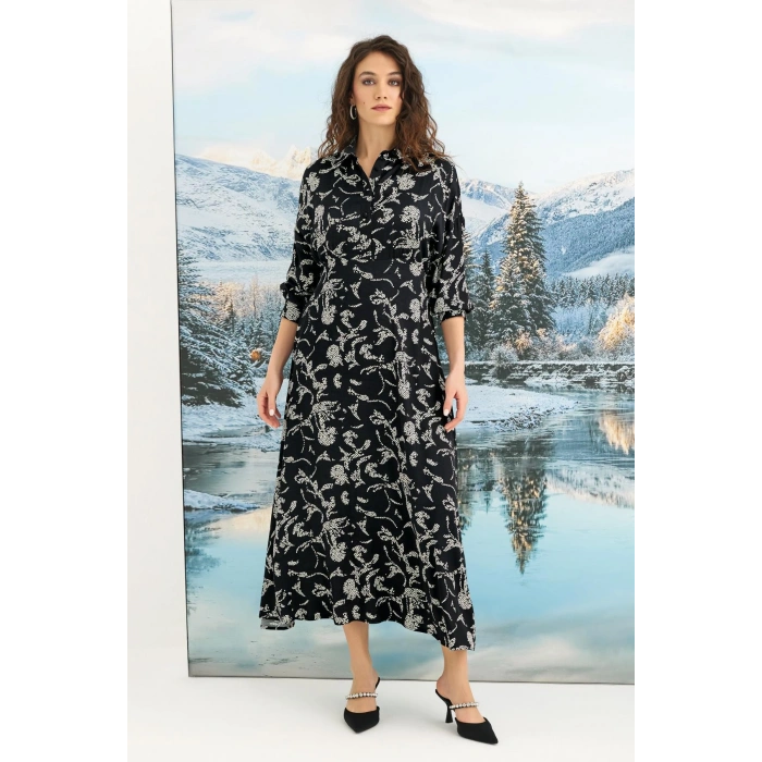 MARSiLYAN-  %100 Viskon Desenli Truvakar Kollu Saten Elbise