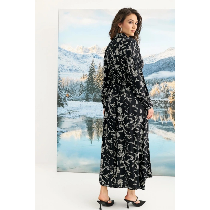 MARSiLYAN-  %100 Viskon Desenli Truvakar Kollu Saten Elbise