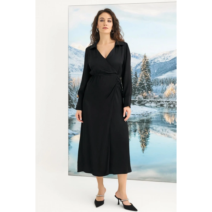 MARSiLYAN- %100 Viskon Uzun Kollu Saten Elbise