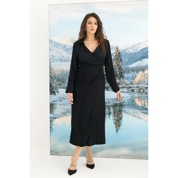 MARSiLYAN-  %100 Viskon Uzun Kollu Saten Elbise