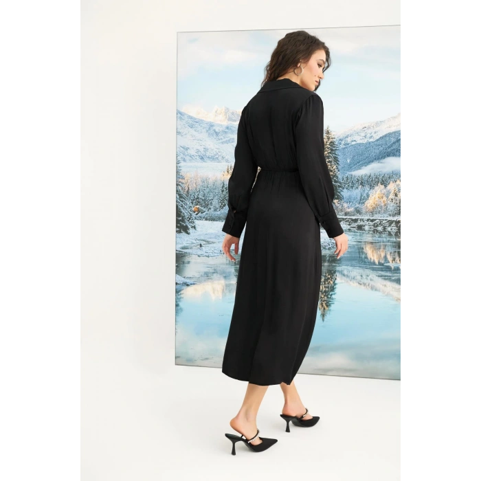 MARSiLYAN-  %100 Viskon Uzun Kollu Saten Elbise