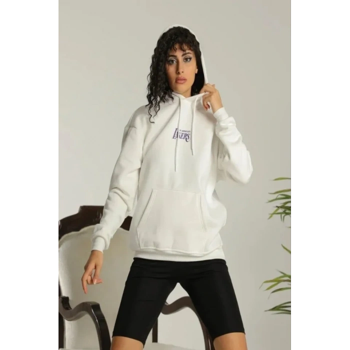 MARSiLYAN- 24 Sırt Baskılı Ovresize Üç İplik Kapüşonlu Sweatshirt - Beyaz