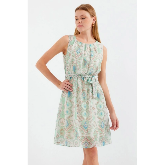 MARSiLYAN- 2501 Desenli Sıfır Kol Şifon Elbise - Mint