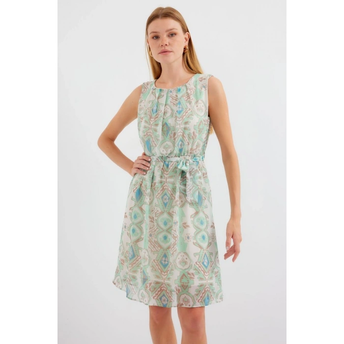 MARSiLYAN- 2501 Desenli Sıfır Kol Şifon Elbise - Mint