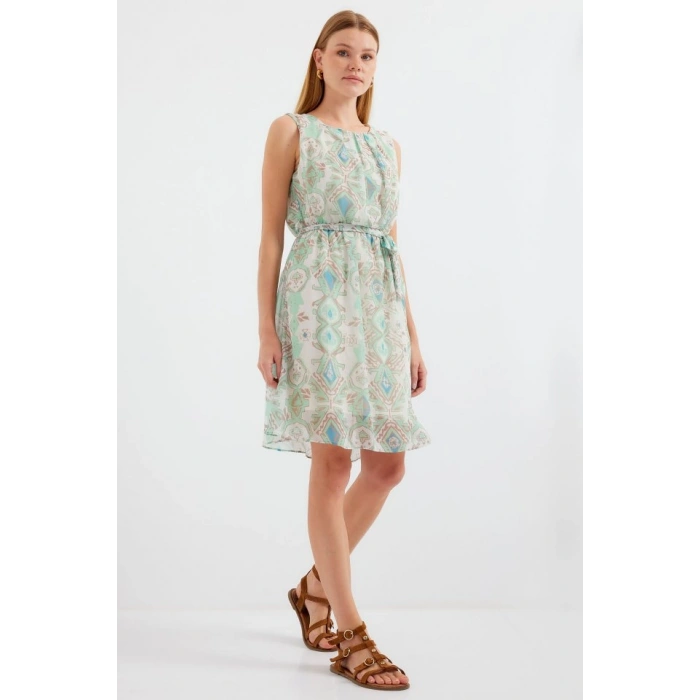 MARSiLYAN- 2501 Desenli Sıfır Kol Şifon Elbise - Mint