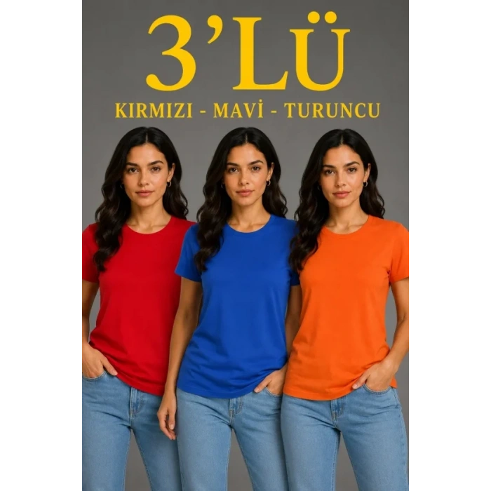 MARSiLYAN- 3’lü Kısa Kollu Bisiklet Yaka Basic Slim Fit T-Shirt - Kırmızı - Mavi - Turuncu