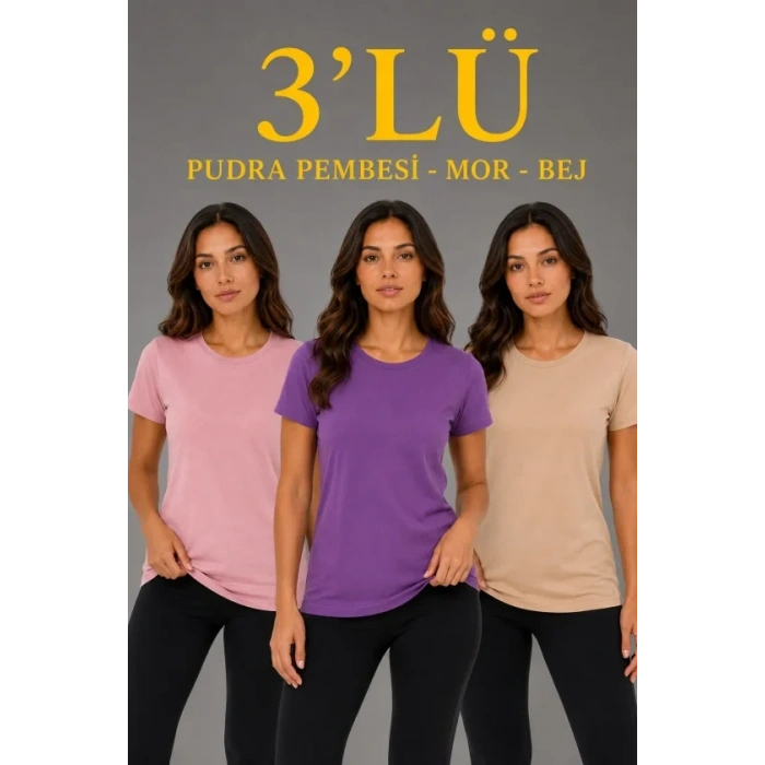 MARSiLYAN- 3’lü Kısa Kollu Bisiklet Yaka Basic Slim Fit T-Shirt - Pudra Pembe - Mor - Bej