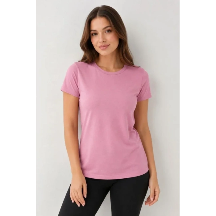 MARSiLYAN- 3’lü Kısa Kollu Bisiklet Yaka Basic Slim Fit T-Shirt - Pudra Pembe - Mor - Bej