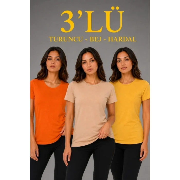 MARSiLYAN- 3’lü Kısa Kollu Bisiklet Yaka Basic Slim Fit T-Shirt - Turuncu - Bej - Hardal