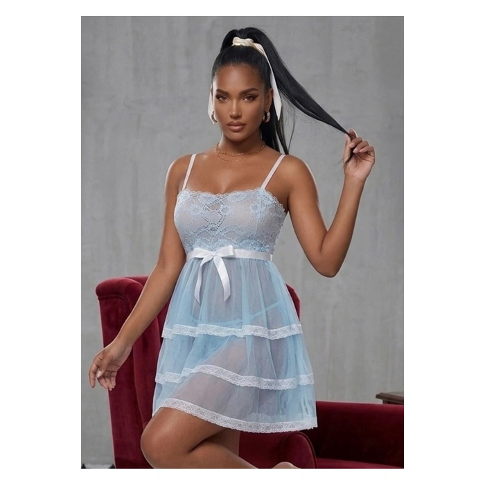 MARSİLYAN- Açık Mavi Beyaz Dantelli Gecelik - 686