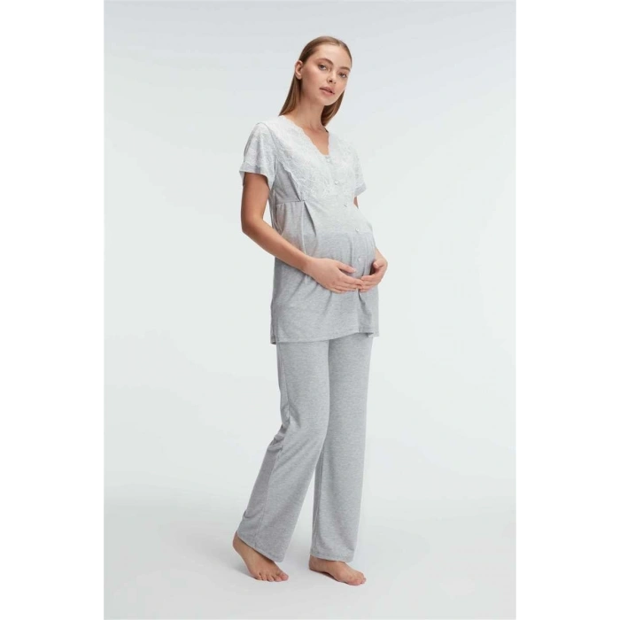 MARSiLYAN- Anıl 11308 Kısa Kol V Yaka Kadın Polyester Elastan  Yazlık Örme Dantel Detaylı Hamile Pijama Takımı